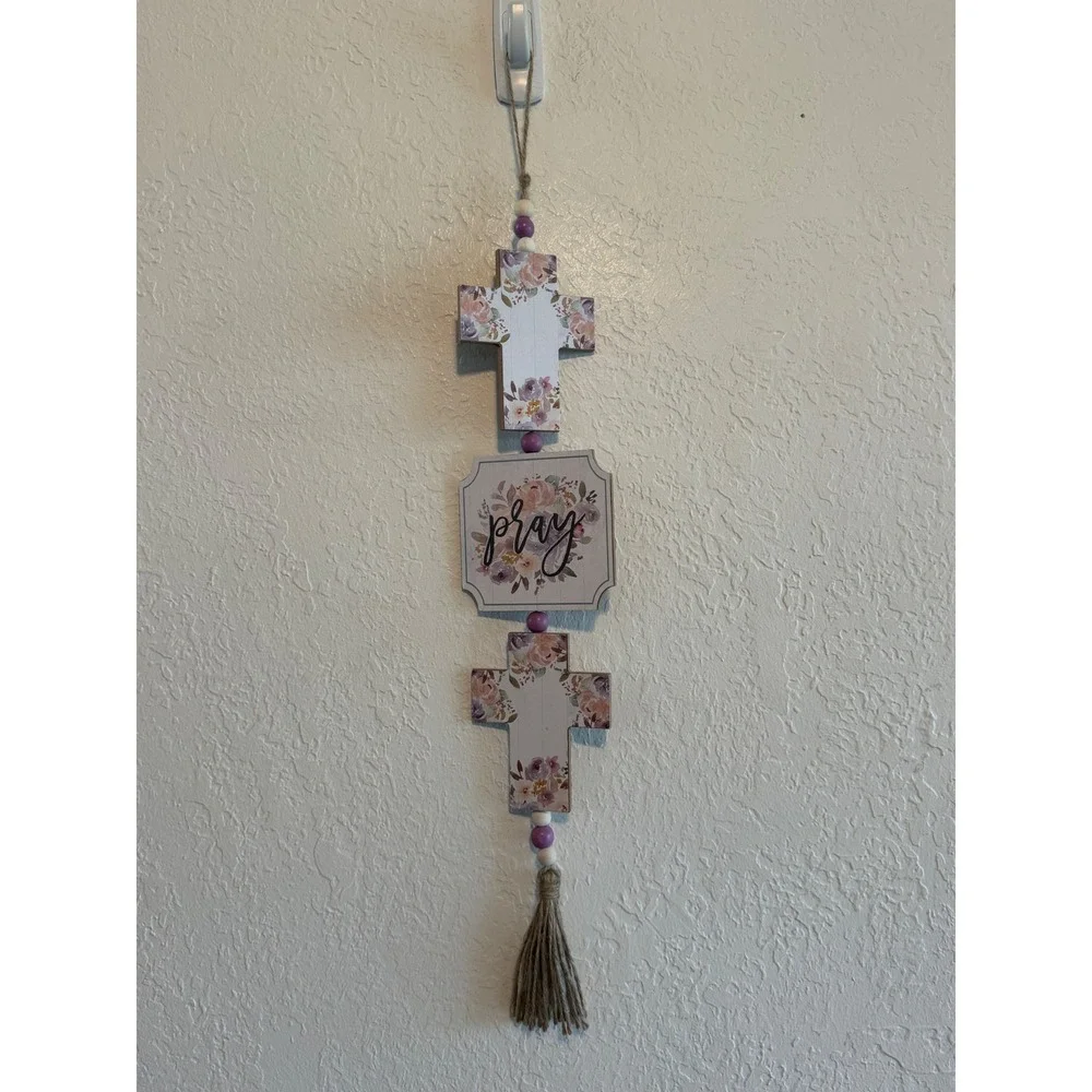 Special Moments Floral Pray Cross Wall Decor Lavender Pink Wood Bead Tassel 23in